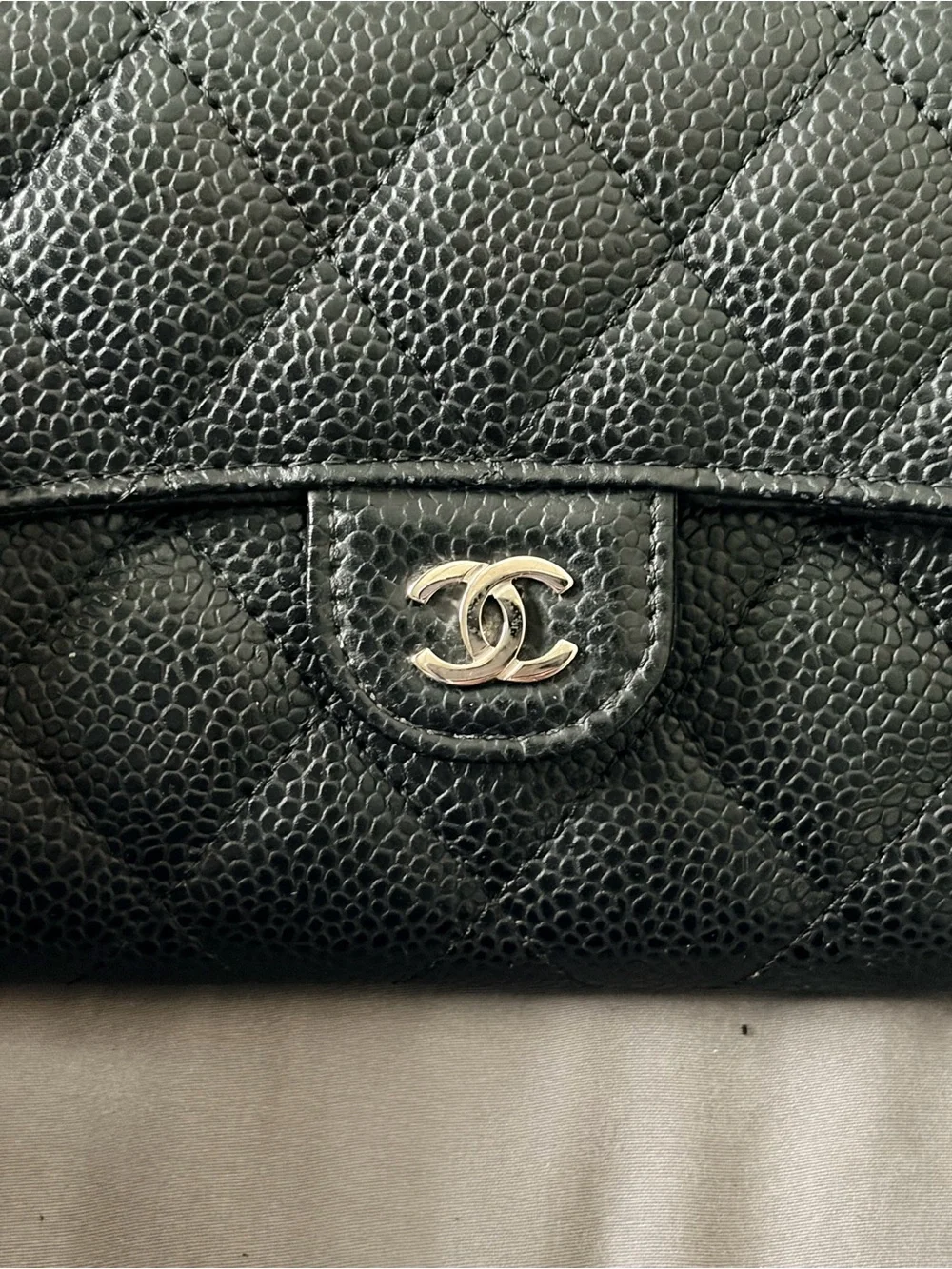 CHANEL Black Quilted Caviar Leather Continental Wallet with Gold CC